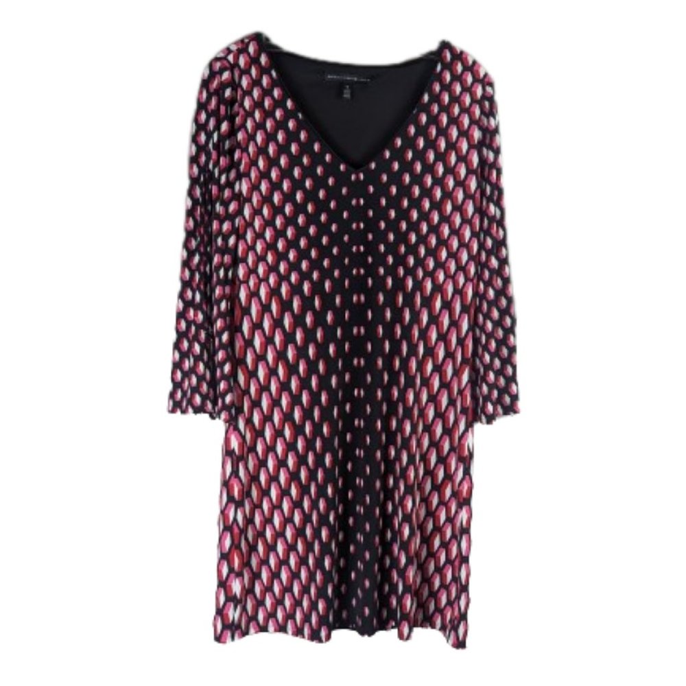 White House Black Market V-neck Tunic mini Dress Top Red/Black Geo Print Sz. M